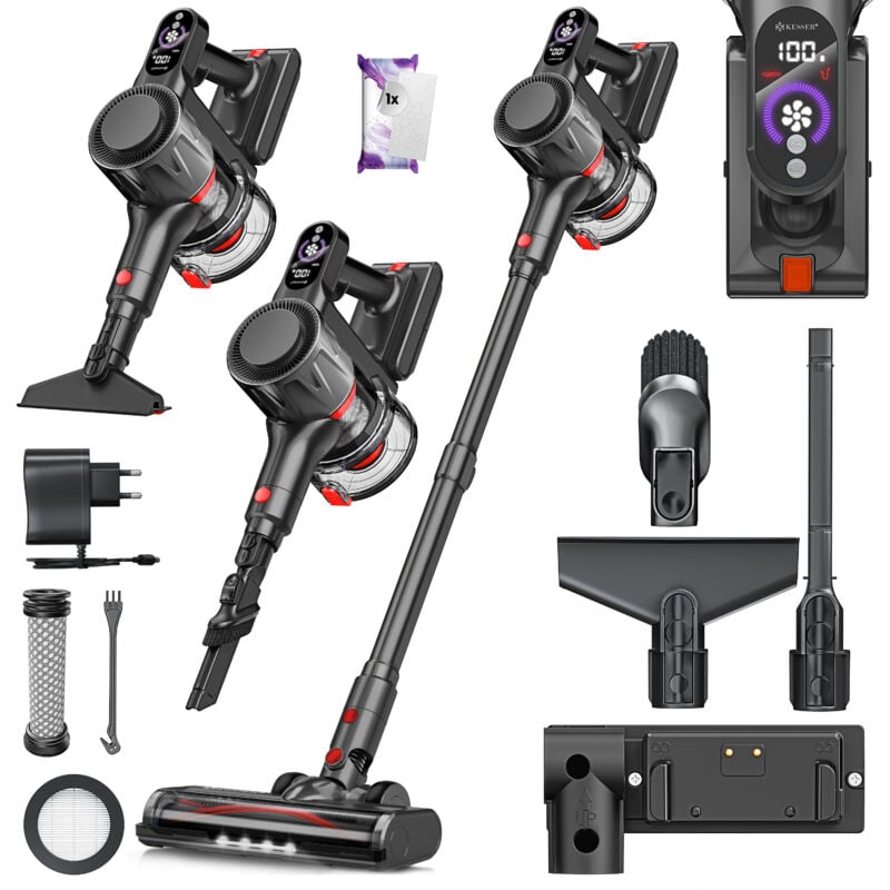 Kesser - Aspirateur sans fil 2en1 Sans sac avec filtre hepa Jusqu'à 45 min d'autonomie + Suceur à fentes & Brosse à poussière Lumière led Bac à