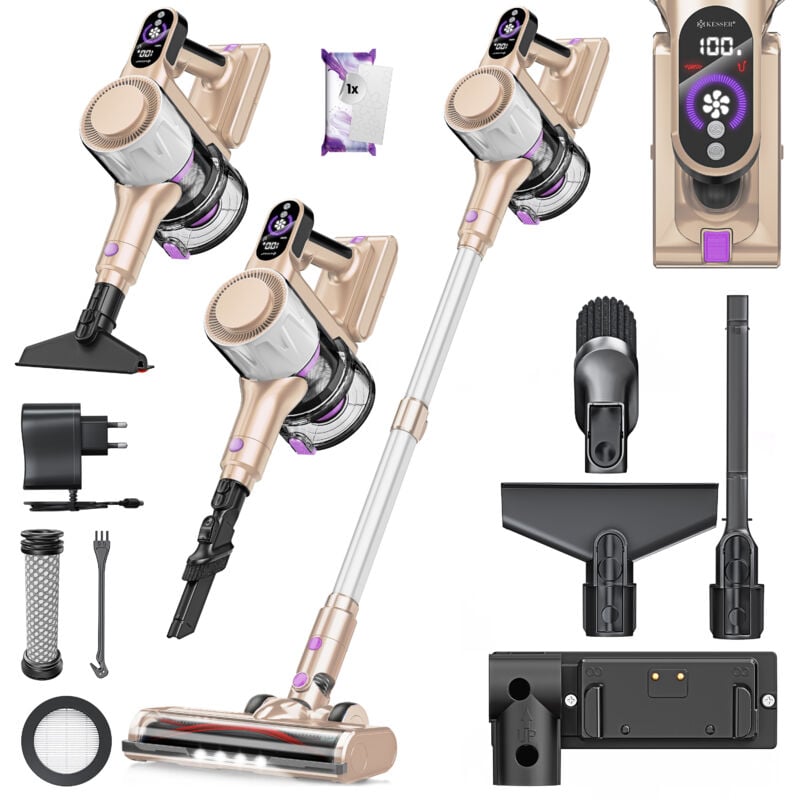 Kesser - Aspirateur sans fil 2en1 Sans sac avec filtre hepa Jusqu'à 45 min d'autonomie + Suceur à fentes & Brosse à poussière Lumière led Bac à