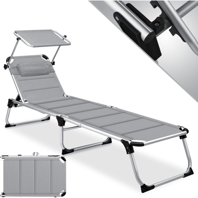 Bain de soleil sun avec toit Chaise longue de jardin pliable Toit solaire Dossier réglable ergonomique surface de couchage rembourrée Gris - Kesser