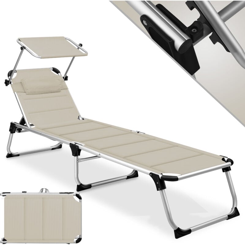 Bain de soleil sun avec toit Chaise longue de jardin pliable Toit solaire Dossier réglable ergonomique surface de couchage rembourrée Beige - Kesser