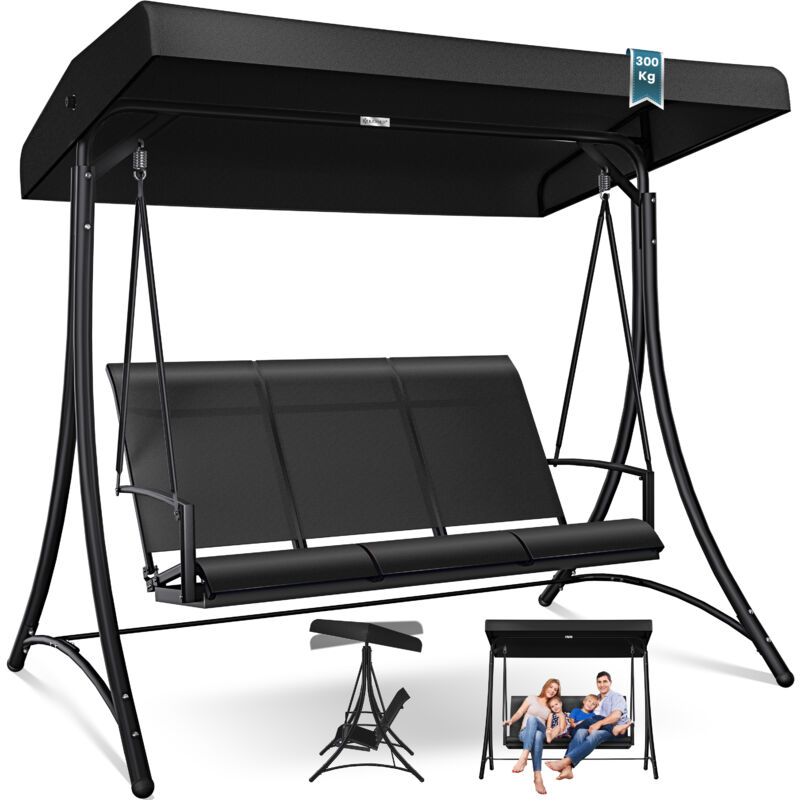 Balançoire hollywoodienne avec toit solaire 3 places Balançoire de jardin jusqu'à 300kg Chaise longue Noir - Kesser