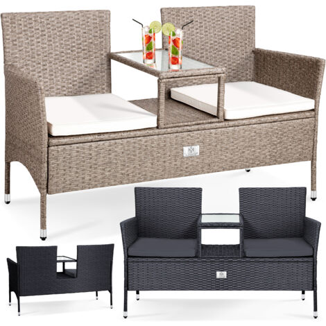 KESSER® Banc de jardin en rotin Banc 2 places avec table et coussins intégrés 133 x 63 x 84 cm Banquette en rotin, pour jardin et balcon Canapé de jardin Sièges ultra stables résistants aux intem