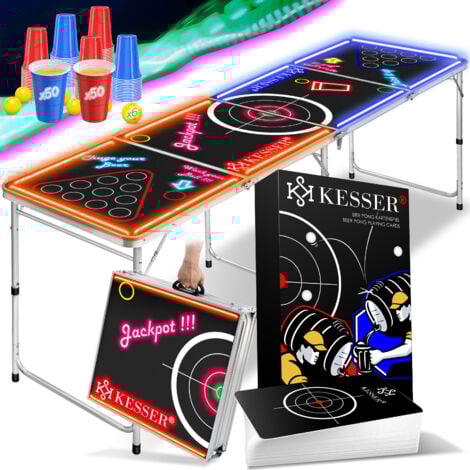 KESSER® Beer Pong Tisch Set mit Kartenspiel Trinkspiel - inkl. 100 Becher (50 Rot & 50 Blau)   6 Bälle + Regelwerk Partyspiele Table Höhenverstellbar   Classic - mit LED