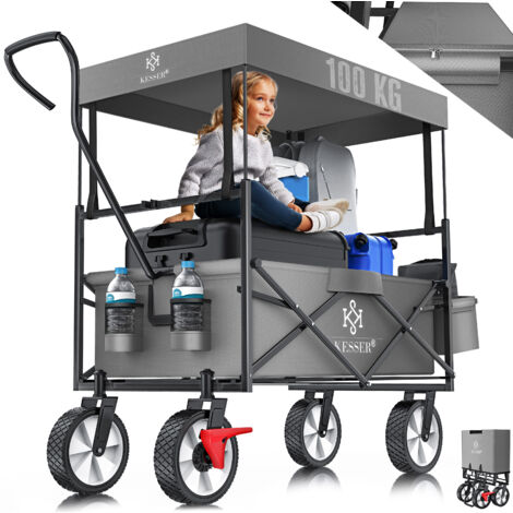 KESSER® Bollerwagen faltbar mit Dach Handwagen Transportkarre Gerätewagen inkl. 2 Netztaschen und Einer Außentasche klappbar Vollgummi-Reifen Grau
