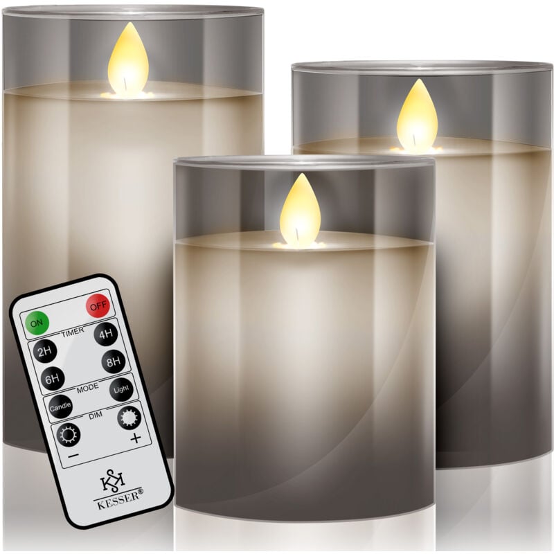 KESSER® Lot de 3 bougies LED Bougie sans flamme avec télécommande Fonction minuterie Variateur Bougie en cire véritable 10cm 12.5cm 15cm Haute