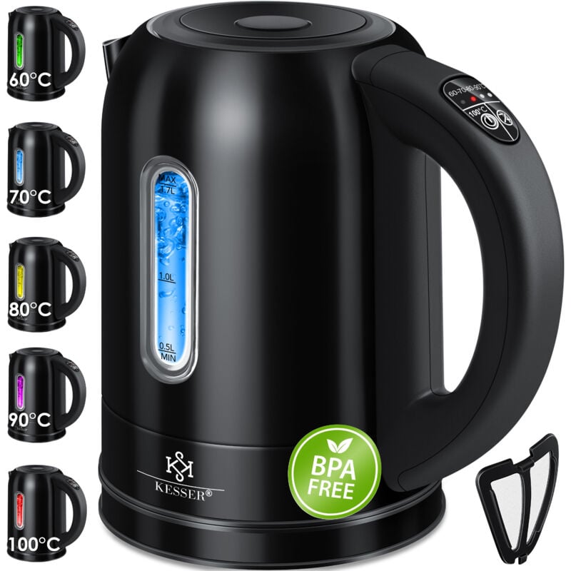 Kesser - Bouilloire en acier inoxydable 1.7 litre 2200W Sélection de la température Maintien au chaud Noir
