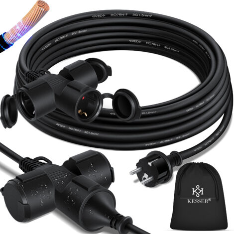 KESSER® Cable de prolongación con caperuza protectora para exterior - para uso interior exterior - Cable de prolongación - 230 V IP44 - con enchufe con toma de tierra  negro / 10m - con distribuidor