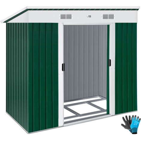 KESSER® Capanno per attrezzi L in metallo 3,4 m³ con fondamenta 195x118x182 cm 2x porta scorrevole & fondamenta capanno per attrezzi armadio per casetta da giardino Verde