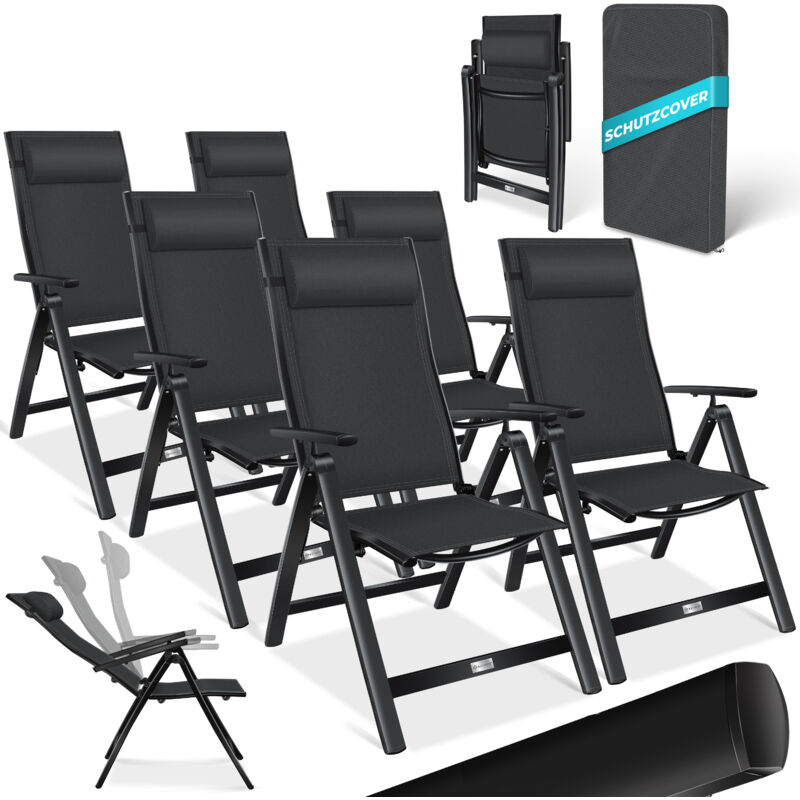 Chaise de jardin avec accoudoirs Chaise pliante en aluminium avec coussin réglable en 7 positions Respirant Noir, 6 pièces - Kesser