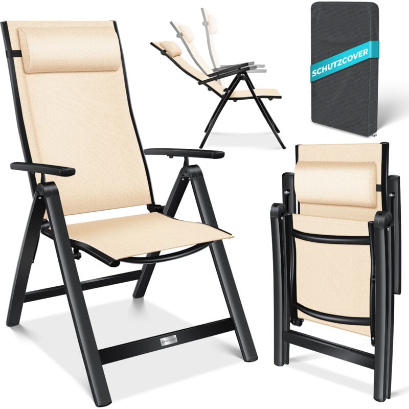 Chaise de jardin avec accoudoirs Chaise pliante en aluminium avec coussin réglable en 7 positions Respirant Beige, 1 pièce - Kesser