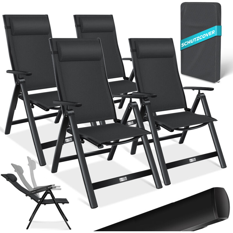 Chaise de jardin avec accoudoirs Chaise pliante en aluminium avec coussin réglable en 7 positions Respirant Noir, 4 pièces - Kesser