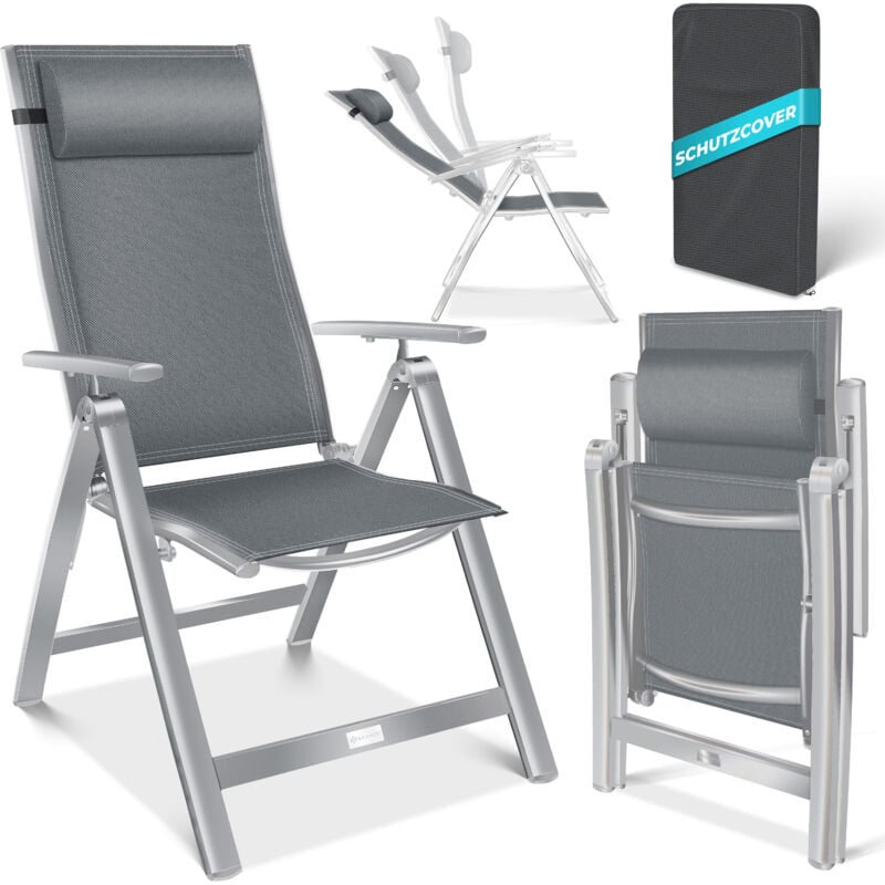 Chaise de jardin avec accoudoirs Chaise pliante en aluminium avec coussin réglable en 7 positions Respirant Gris Clair, 1 pièce - Kesser
