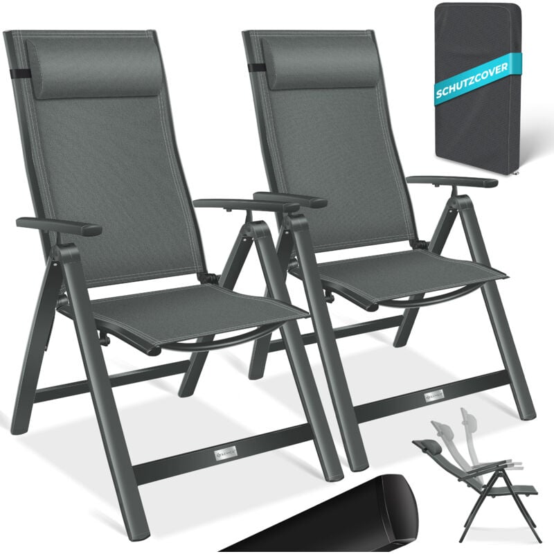 Chaise de jardin avec accoudoirs Chaise pliante en aluminium avec coussin réglable en 7 positions Respirant Anthracite, 2 pièces - Kesser