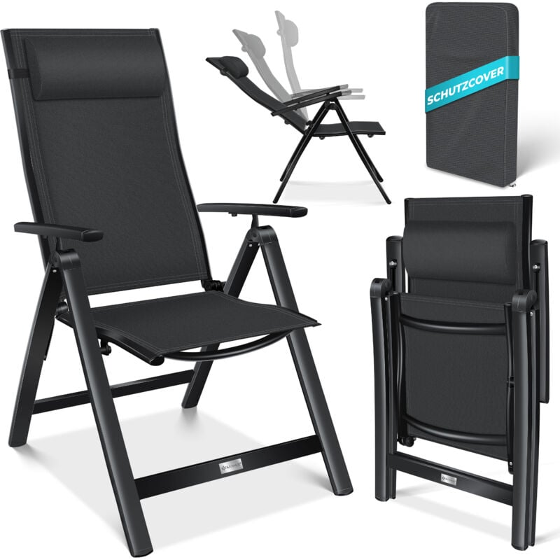 Chaise de jardin avec accoudoirs Chaise pliante en aluminium avec coussin réglable en 7 positions Respirant Noir, 1 pièce - Kesser
