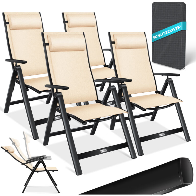 Chaise de jardin avec accoudoirs Chaise pliante en aluminium avec coussin réglable en 7 positions Respirant Beige, 4 pièces - Kesser