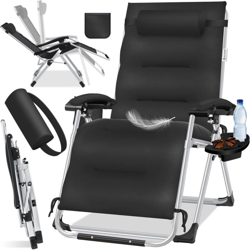 Chaise longue de jardin, résistante aux intempéries, charge maximale 200kg, dossier réglable avec coussin pour la nuque, porte-boisson et coussin