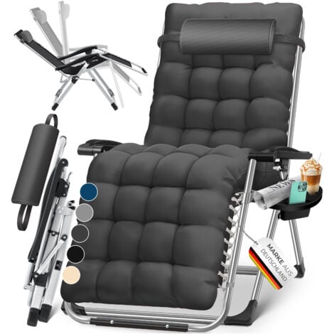 KESSER® Chaise longue pliable avec porte-boisson Chaise de jardin avec coussin Chaise longue Extra large Chaise longue de jardin Dossier réglable Anthracite