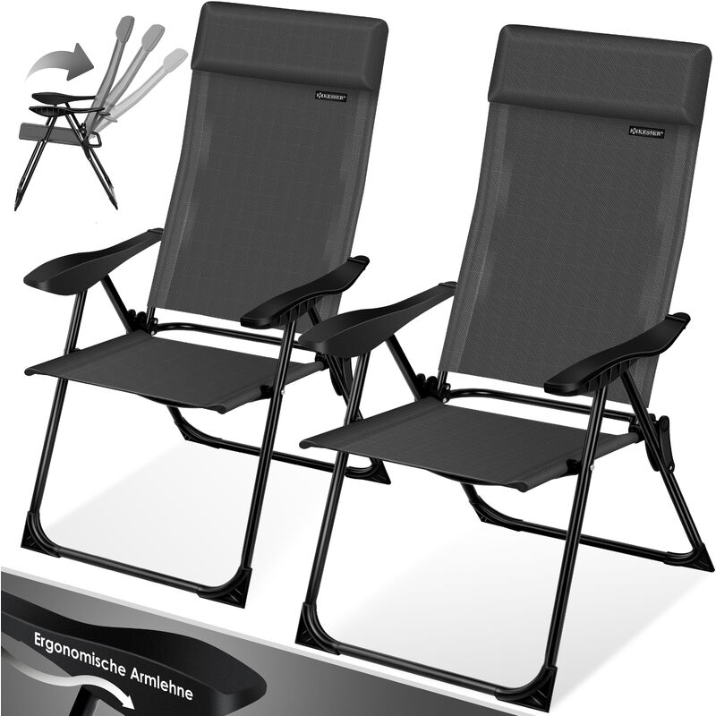 Kesser - Lot de 2 chaises de jardin à haut dossier Chaise pliante en alu 7 fois réglable avec accoudoirs Respirant pliable Chaise de camping Chaise