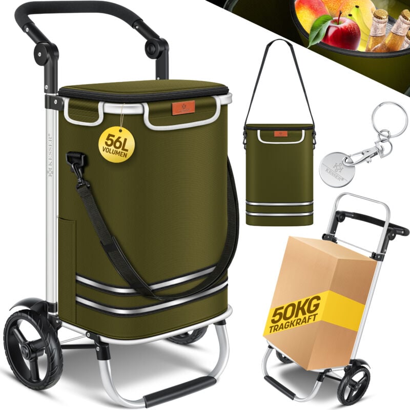 Carro de la compra plegable con 56 l de capacidad y capacidad de carga de hasta 50 kg 3en1 carro de la compra y bolsa bandolera Kaki - Kesser