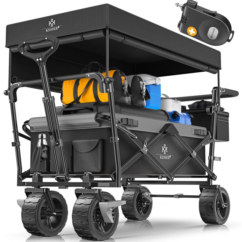 Chariots à bras GT9000 Chariot à main avec toit incl. 2x système de ceinture à 3 points pliable pneus pleins jusqu'à 80 kg Noir / Gris - Kesser