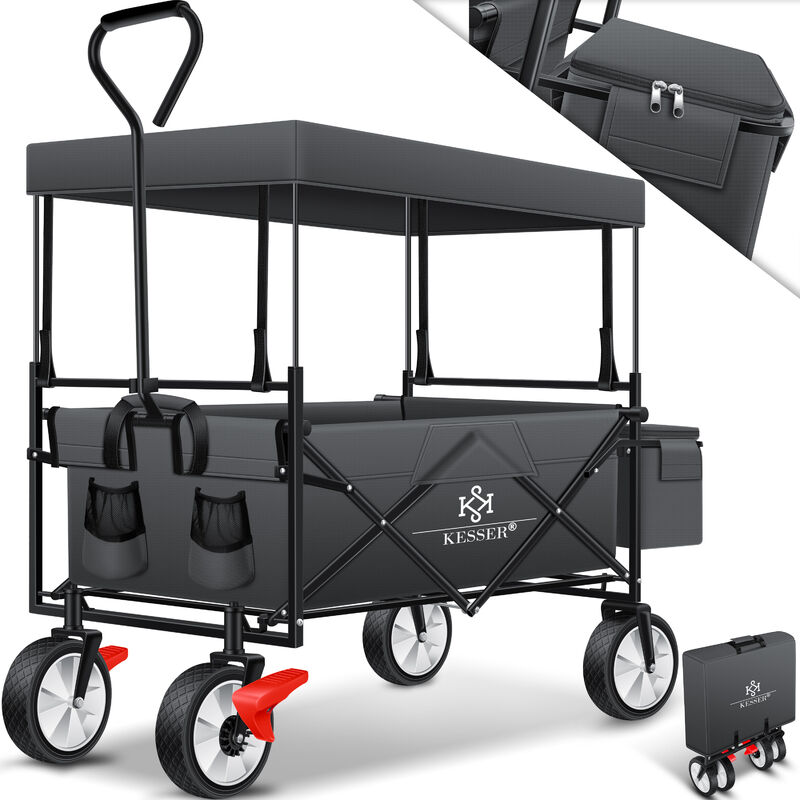 KESSER® Bollerwagen pliable avec toit Chariot à main Chariot de transport Chariot d'outillage incl. 2 poches en filet et une poche extérieure pliable