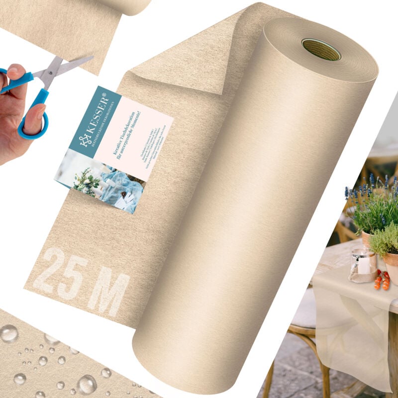 Kesser - Chemin de Table Non-tissé Moderne 30cm x 25m Décoration de table Ruban de table lavable, hydrofuge & résistant aux intempéries - Crème