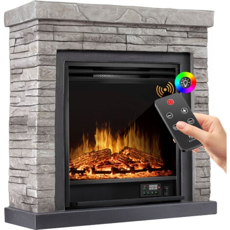 KESSER® Cheminée électrique à poser - Cheminée électrique avec effet flamme LED 3D Avec chauffage Cheminée électrique avec puissance 1800W Minuterie hebdomadaire Aspect pierre / Gris