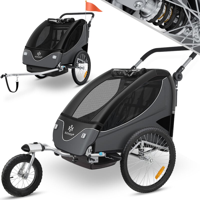 Remorque enfant Remorque vélo 360° pivotante avec suspension 2en1 fonction jogger Remorque vélo enfant + ceinture 5 points Jogger vélo Noir /