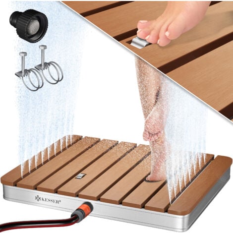 KESSER® Doccia da giardino Doccia da esterno Doccia per sauna Doccia da campeggio 70x55 cm Rettangolo Fontana regolabile in altezza fino a 4 m Con ruota a pedale  Alluminio/WPC  Marrone / Angolare