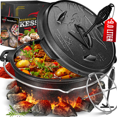 KESSER® Dutch Oven Set BBQ, Pentola in ghisa con manico per sollevare il coperchio e slot per termometro, Pentola per barbecue, Bollitore per gulasch, DO9P - 9,0 litri / Vaso senza piedi
