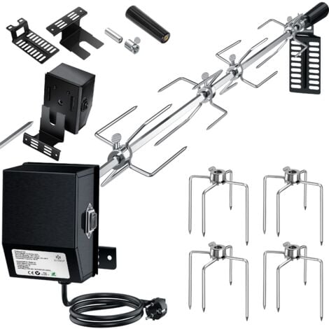 KESSER® Edelstahl Grillspieß Set 107cm passend für Weber Spirit Gasgrill mit 4X Fleischnadeln BBQ Fleischklammer Griffstück und Motor Rotisserie Schwarz