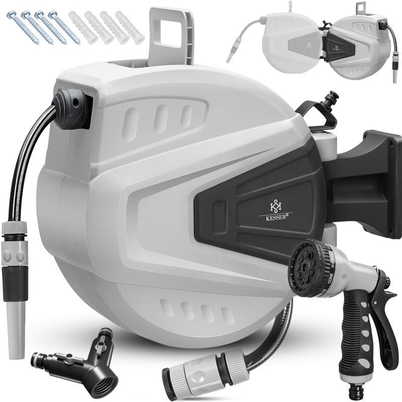 Enrouleur de tuyau d'eau Enrouleur de tuyau d'eau avec distributeur à 2 voies + douchette multiple Enrouleur de tuyau d'eau automatique Pivotant à