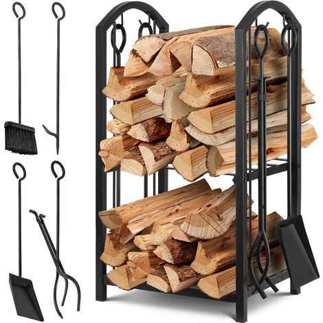 KESSER® Estante para leña Juego de 5 piezas soporte para leña almacenamiento de leña estante para leña dentro y fuera de metal 2 niveles con 4 herramientas para chimenea y horno,