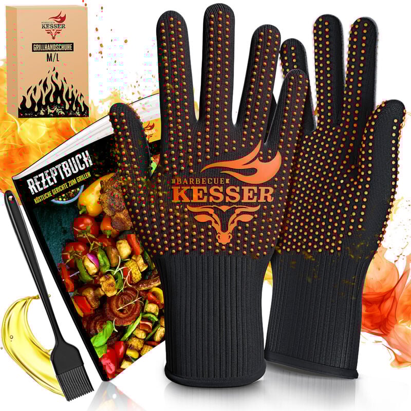 Gants pour barbecue résistants à la chaleur jusqu'à 500° Gants pour four respirants Gants pour casseroles en tissu aramide Noir / Orange, m-l - Kesser
