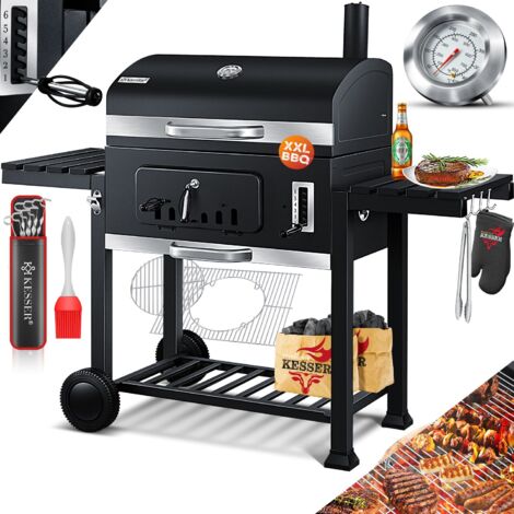 KESSER® Grill Chariot BBQ Smoker XXL Barbecue au charbon de bois avec Couvercle, Roues, Poignée en acier inoxydable, Grille et Thermomètre, 8 Broches avec Poche & Pinceau en Silicone