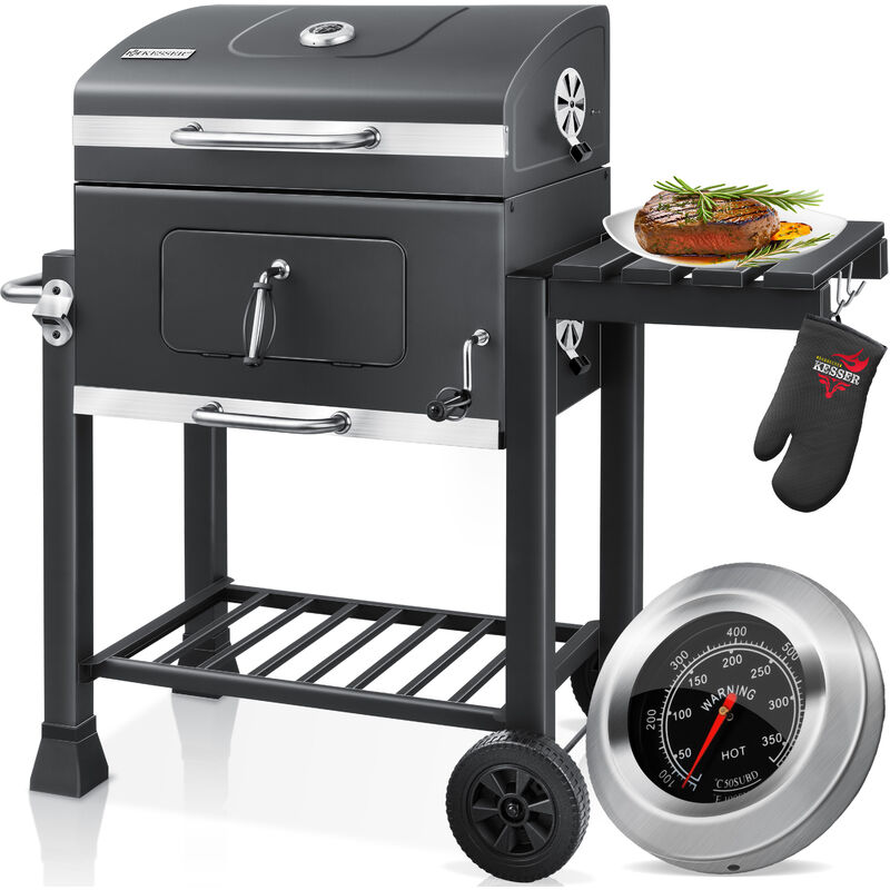 Kesser - Grill Chariot xxl Barbecue au charbon de bois avec couvercle Roues Poignée en acier inoxydable Grille et thermomètre Chariot à charbon de
