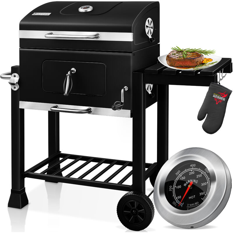 Kesser - Grill Chariot xxl Barbecue au charbon de bois avec couvercle Roues Poignée en acier inoxydable Grille et thermomètre Chariot à charbon de