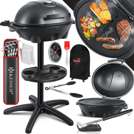 KESSER® Grill eléctrico 2en1, Con Tapa, máx. 2400 vatios, Termómetro, Revestimiento antiadherente, Placa Grill XXL, Negro - Set