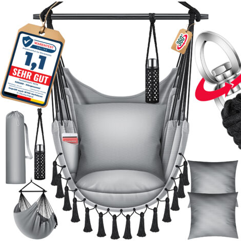 KESSER® Hängesessel mit 2 Kissen Getränkehalter & Bücherfach - Safari XXL Hängestuhl für Erwachsene & Kinder Hängematte bis 150 kg Hängesitz Grau