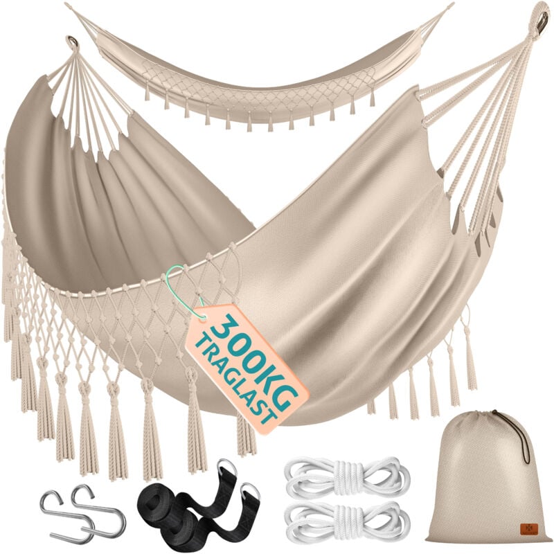 Hamac 300kg charge max. 320x150cm charge max. 300 kg 1-2 personnes respirant franges résistant aux intempéries camping jardin toile hamac Beige