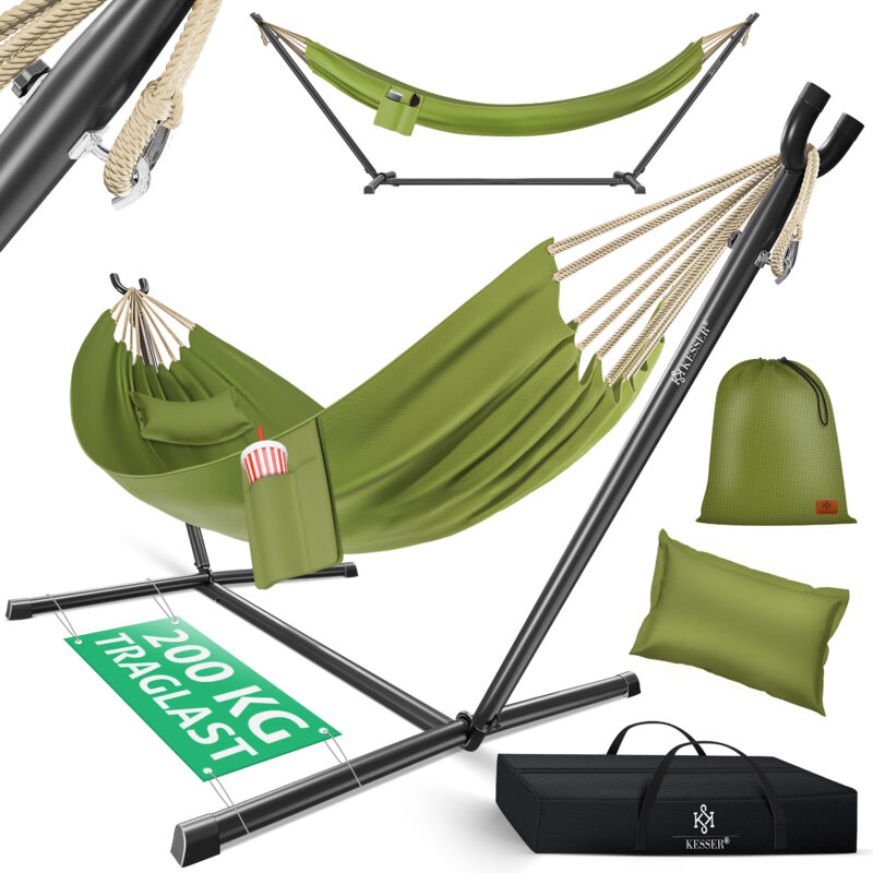 Hamac lake avec support Double hamac pour 2 personnes-Cadre stable Capacité de charge 200kg Indoor & Outdoor xxl Fauteuil suspendu Double Kaki