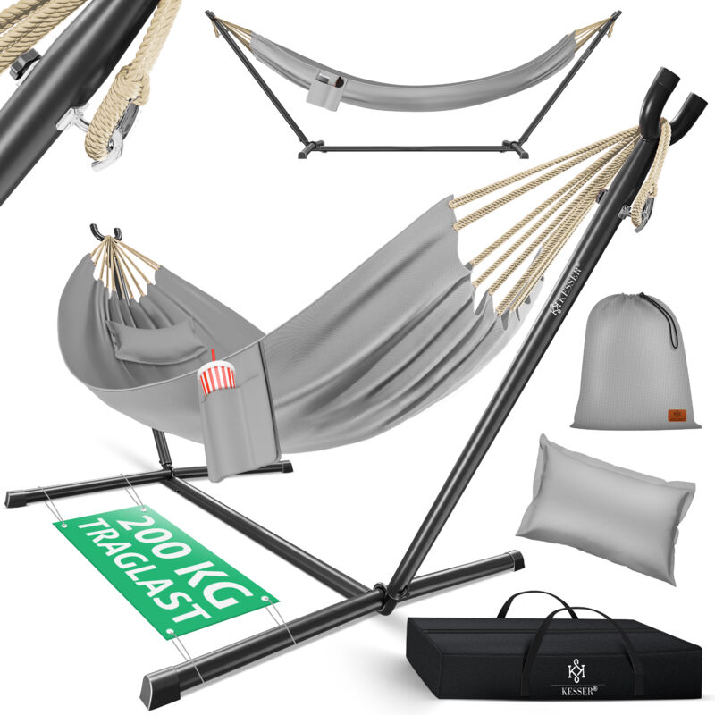 KESSER® Hamac LAKE avec support Double hamac pour 2 personnes-Cadre stable Capacité de charge 200kg Indoor & Outdoor XXL Fauteuil suspendu Double Gris