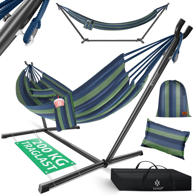 Hamac lake avec support Double hamac pour 2 personnes-Cadre stable Capacité de charge 200kg Indoor & Outdoor xxl Fauteuil suspendu Double Bleu