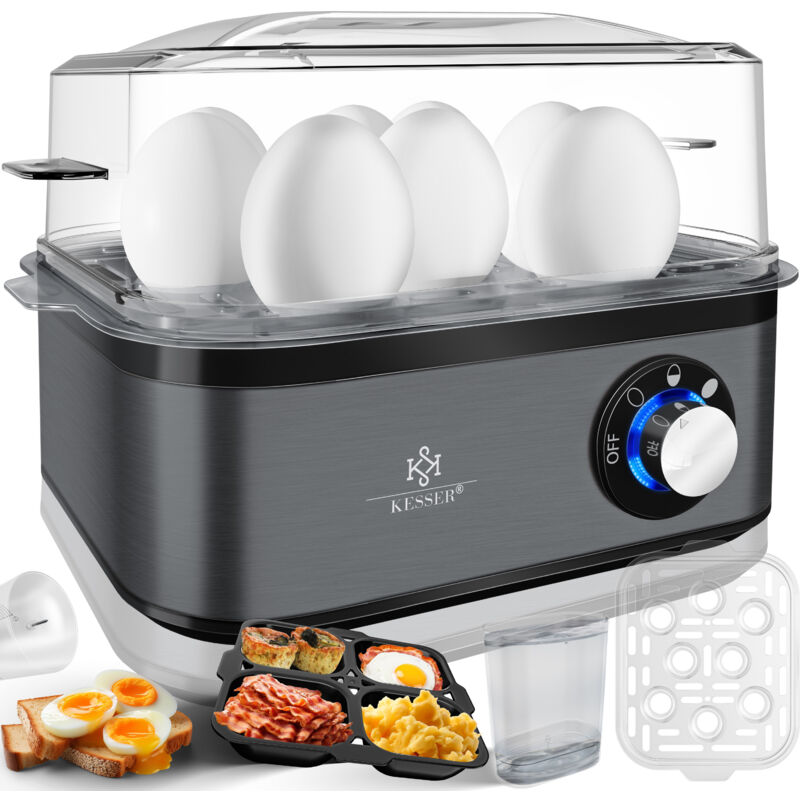 KESSER® Hervidor de huevos para 1 a 8 huevos eléctrico de acero inoxidable 500W y función mantener caliente apto para lavavajillas /Negro / Antracita