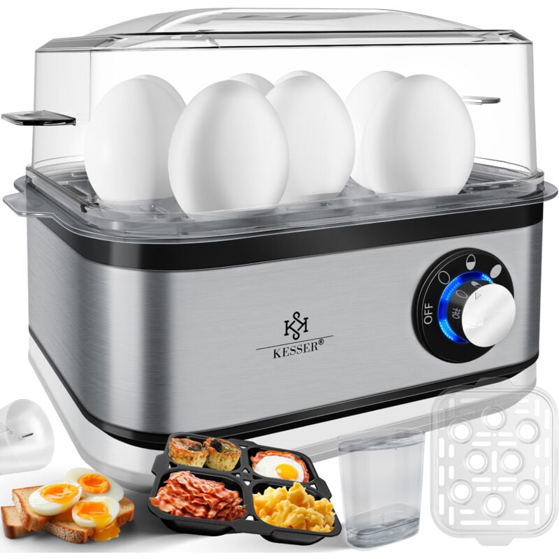 KESSER® Hervidor de huevos para 1 a 8 huevos eléctrico de acero inoxidable 500W y función mantener caliente apto para lavavajillas /Negro / Plata