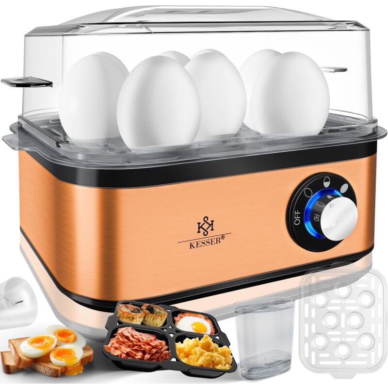 Kesser - Hervidor de huevos para 1 a 8 huevos eléctrico de acero inoxidable 500W y función mantener caliente apto para lavavajillas /Negro / Cobre