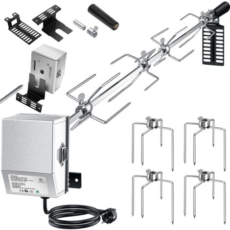 KESSER® Juego de pinchos de barbacoa de acero inoxidable 107cm adecuado para barbacoa de gas Weber Spirit con 4X pinchos de carne pinza de carne para barbacoa  mango y motor asador  plata