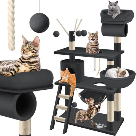KESSER® Kratzbaum Katzenbaum Kletterbaum, mit Hängematte , Sisalstämmen, Stabil extra breit , Treppe , Höhle, Spielbälle, Spielsisal & Spielseil, Höhe 143cm, mit vielen Spielmöglichkeiten, Hellgrau