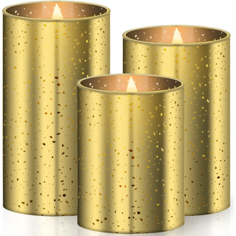 KESSER® LED Kerzen 3er Set Flammenlose Kerze Timerfunktion Timer Echtwachskerze 10cm 12.5cm 15cm Hoch Realistisch Flackernde Flacker-Licht Led-Flammen   Gold