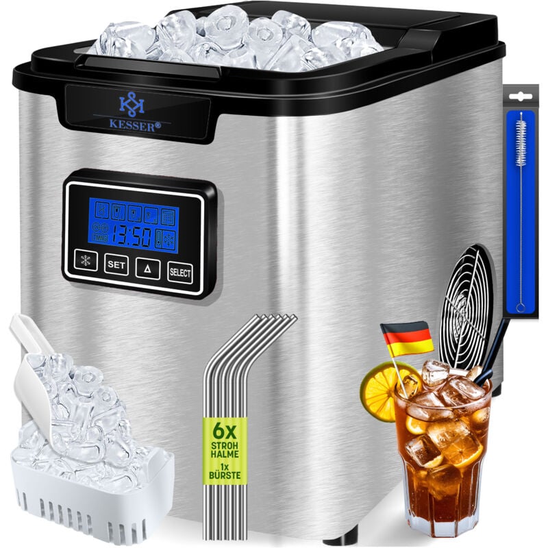 KESSER® Machine à glaçons Machine à glaçons acier inoxydable 150W Ice Maker 12 kg 24 h 3 tailles de cubes Préparation en 6 min Réservoir d'eau de 2.2